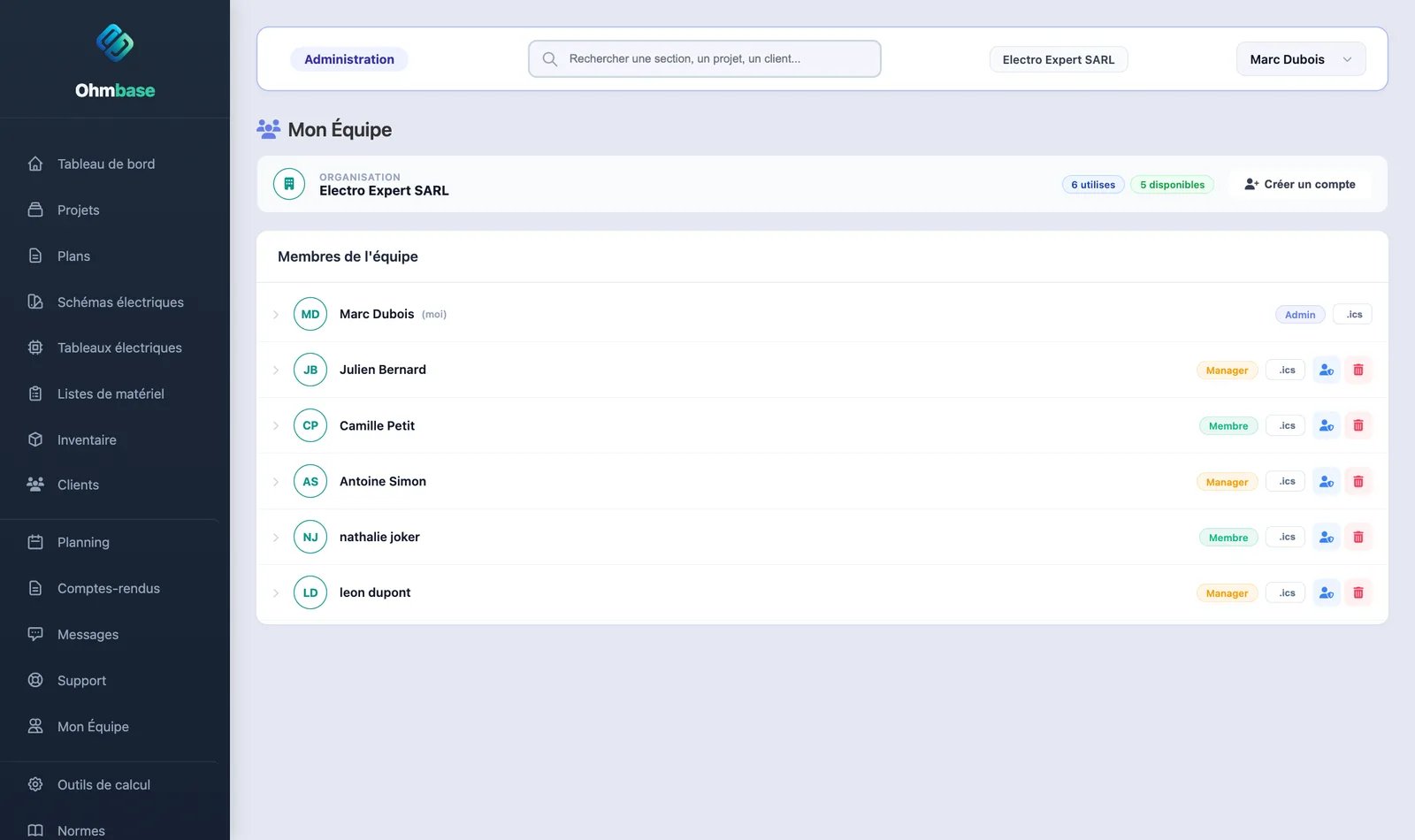 La gestion d'équipe Ohmbase : membres, rôles et affectations