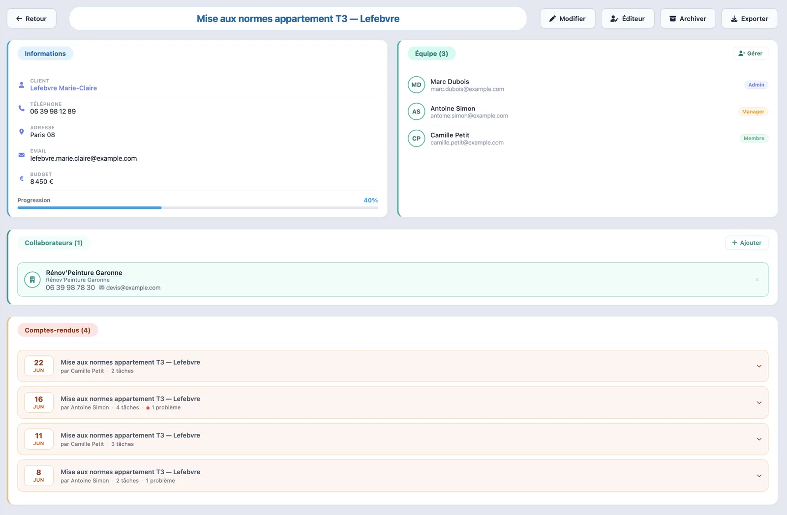 La fiche projet Ohmbase : équipe, outils reliés et activité du chantier