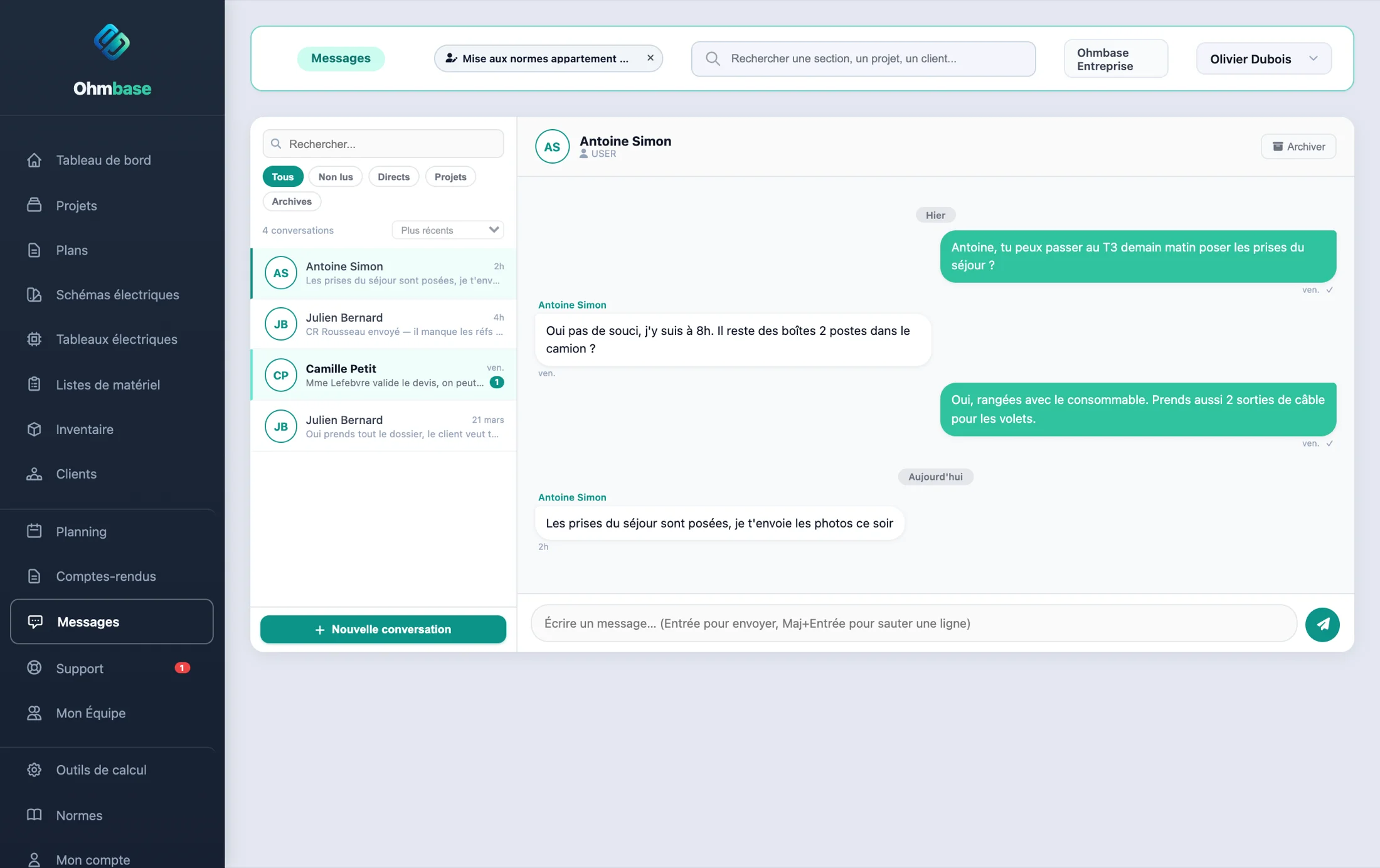 La messagerie d'équipe Ohmbase, conversations par chantier