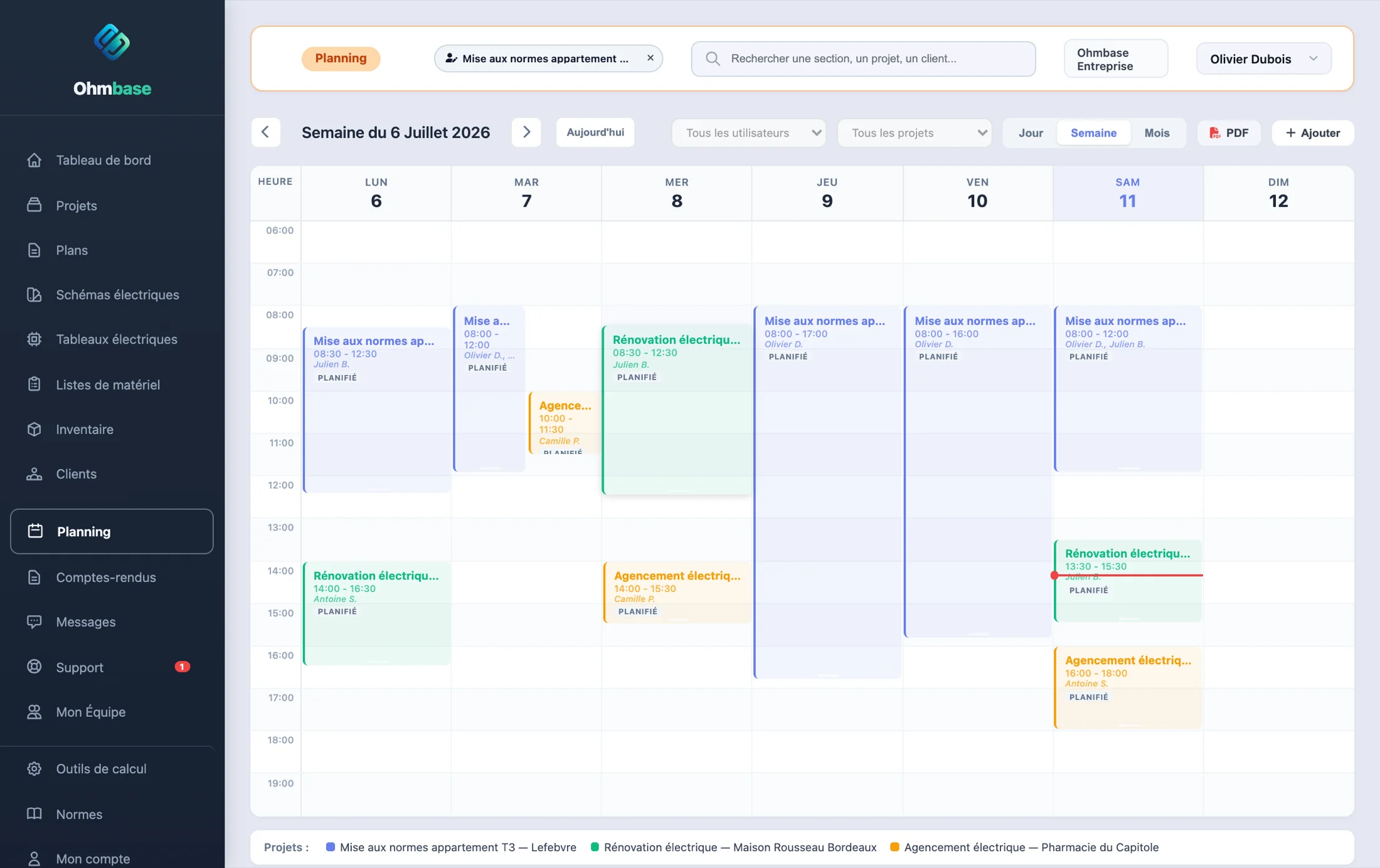 Le planning de chantier Ohmbase en vue semaine