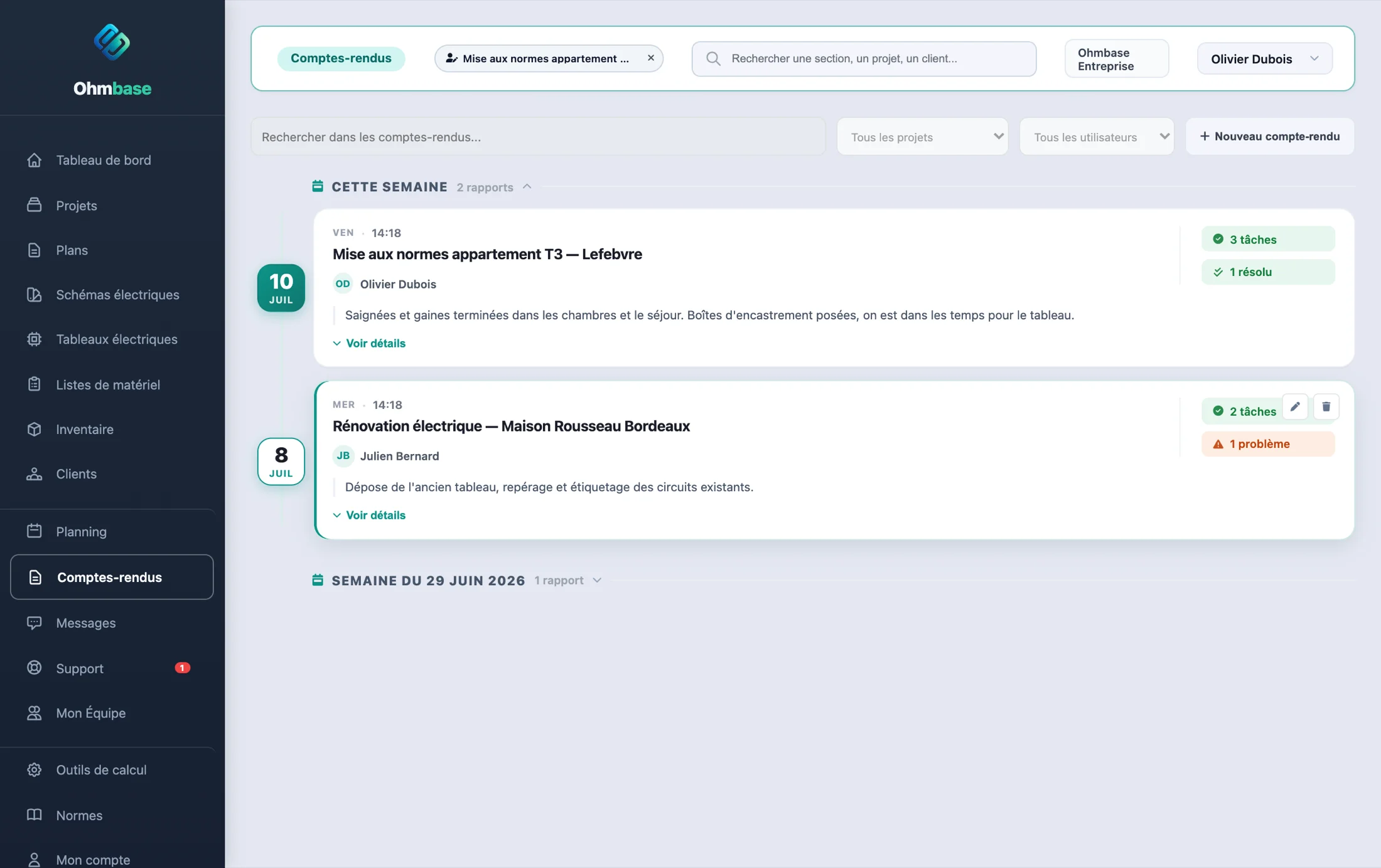 Les comptes-rendus de chantier Ohmbase, rapports de la semaine