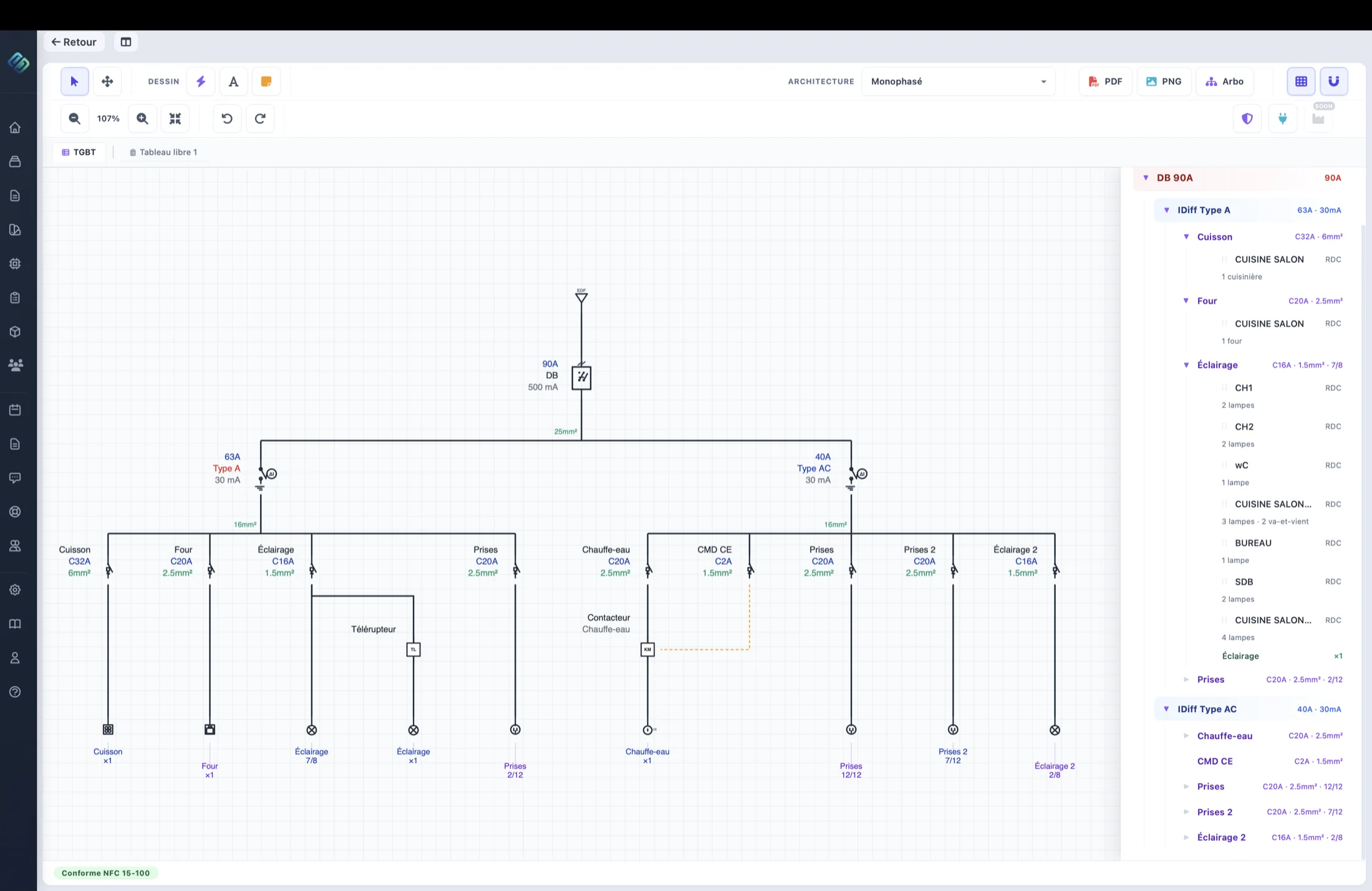L'éditeur de schéma unifilaire Ohmbase, l'installation organisée tableau par tableau