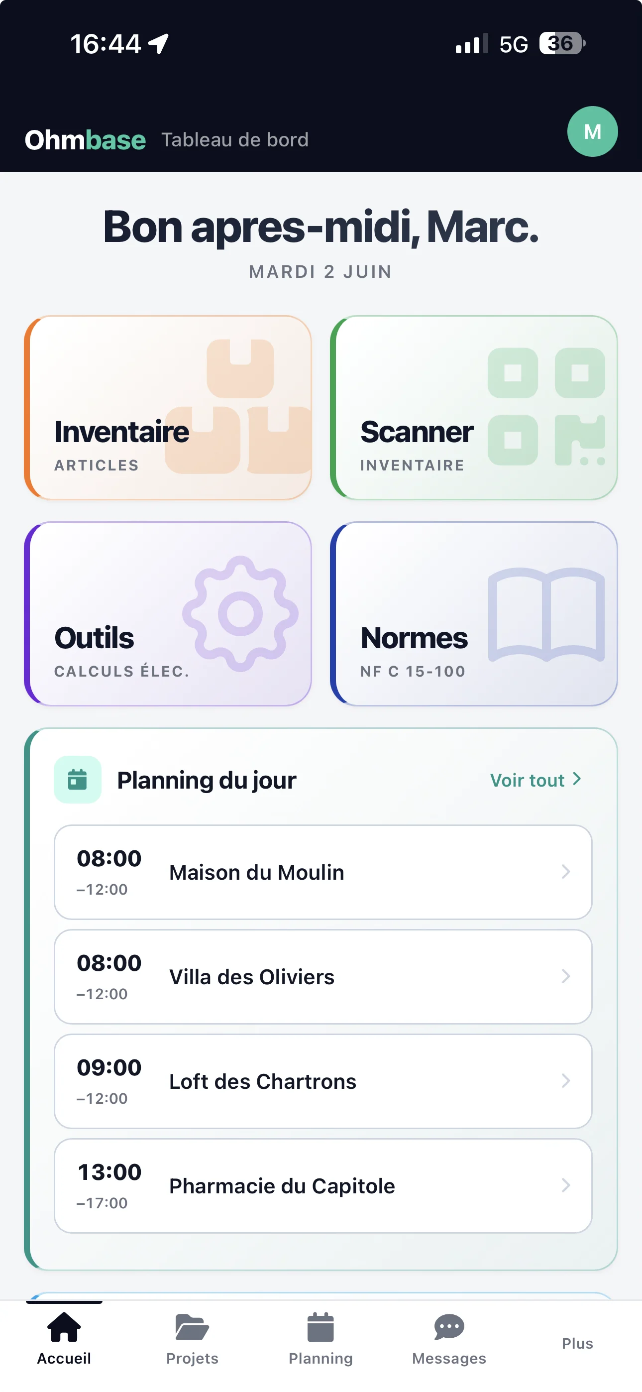 Tableau de bord de l'app mobile Ohmbase